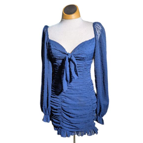 Lucy in the Sky Navy Blue Chiffon Swiss Dot Long Sleeve Ruched Mini Dress XS - Picture 2 of 6